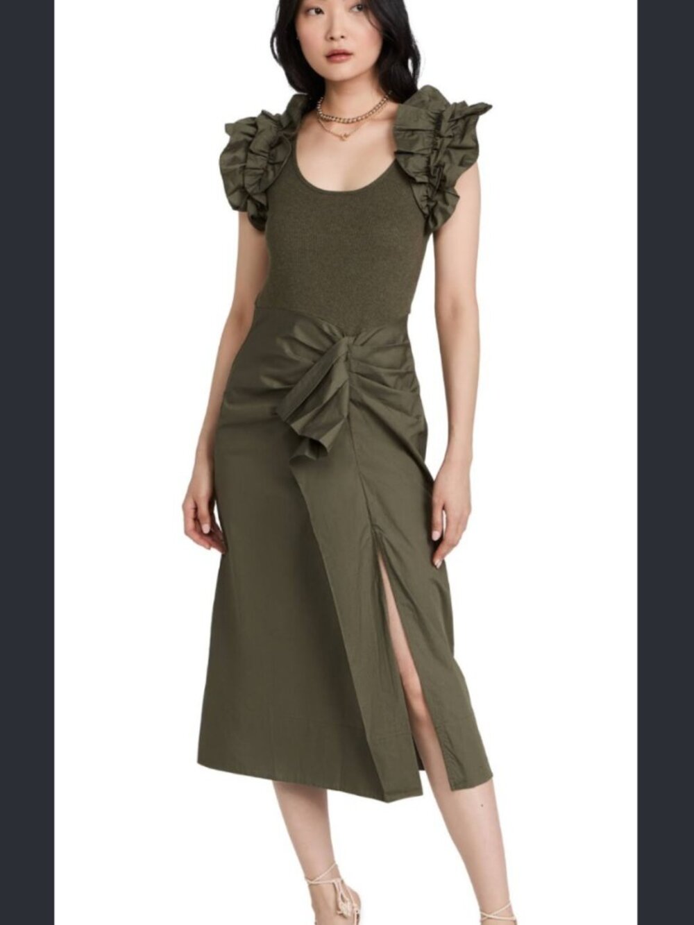 Ulla Johnson Ruffle Midi Dress | Olive Green | Fits Like Size 4 | Very Good Cond